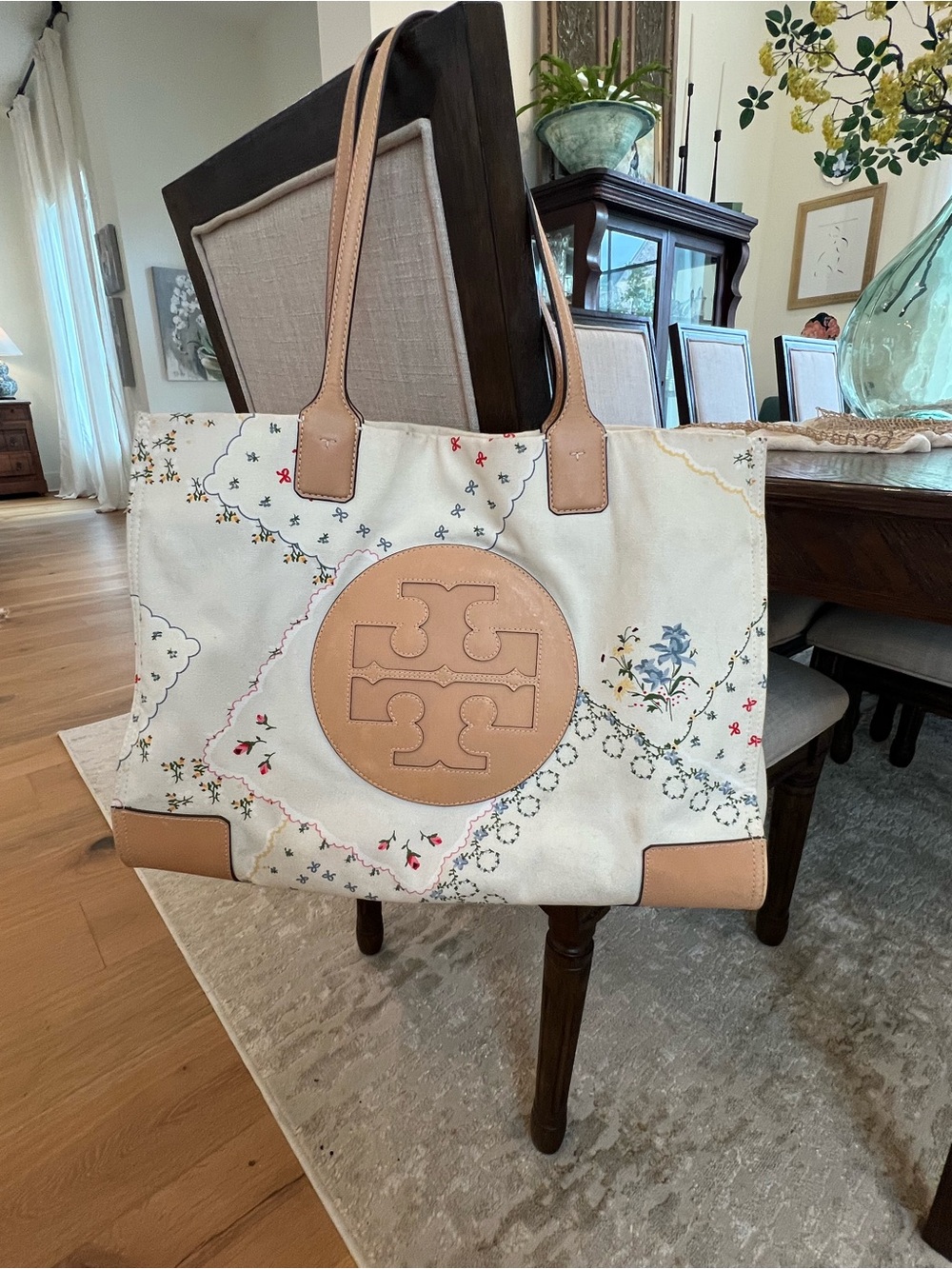 Tory Burch Cream Canvas Floral Tote with Tan Leather Accents